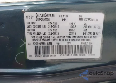 2005 Dodge Grand Caravan Se z USA, uszkodzony, nr VIN 2D4GP24R55R181658